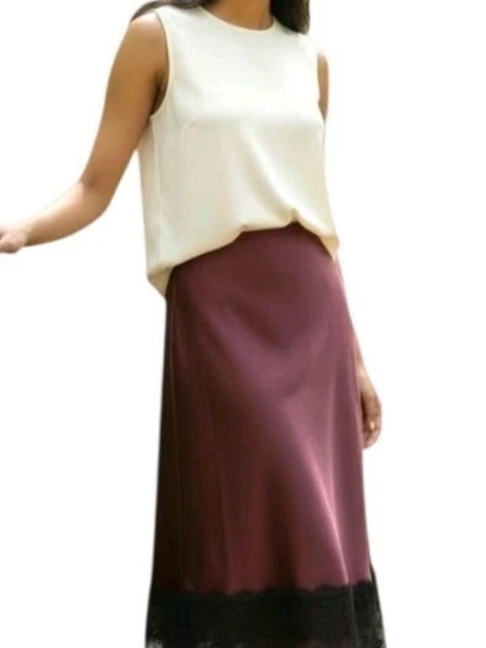 Wild Fable Burgundy Satin Midi Skirt With Black Lace Hem Womens Size S
